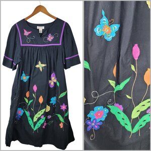 Vintage Patio House Dress Medium Muumuu Midi Floral Butterfly Lounge Long Black